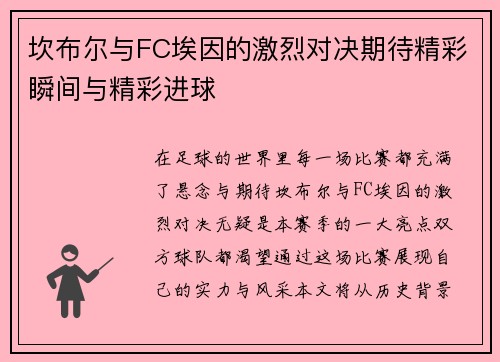 坎布尔与FC埃因的激烈对决期待精彩瞬间与精彩进球